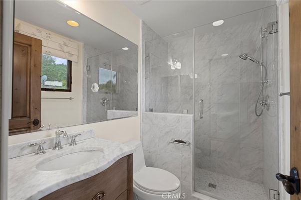 Bathroom, Glass Shower, Interior, Marble, Marble Walls, Recessed Lighting