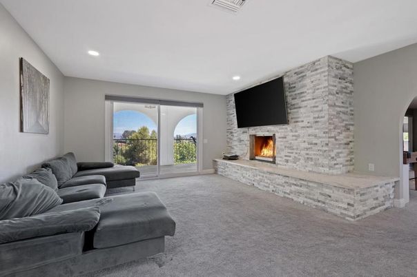 Fireplace, Interior, Living room, Recessed Lighting, Stone Walls