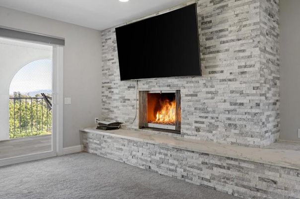 Empty room, Fireplace, Interior, Recessed Lighting, Stone Walls