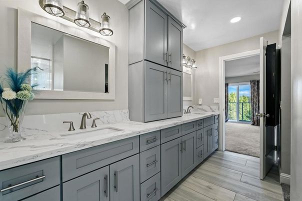 Bathroom, Dual Sink Vanities, Interior, Recessed Lighting, Wood Texture Flooring
