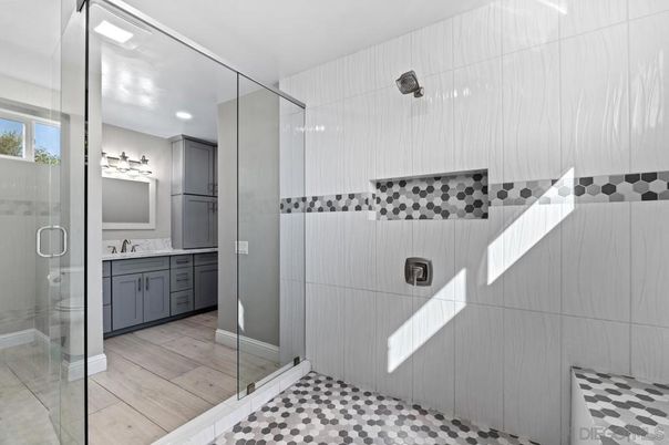 Bathroom, Glass Shower, Interior, Recessed Lighting, Wood Texture Flooring