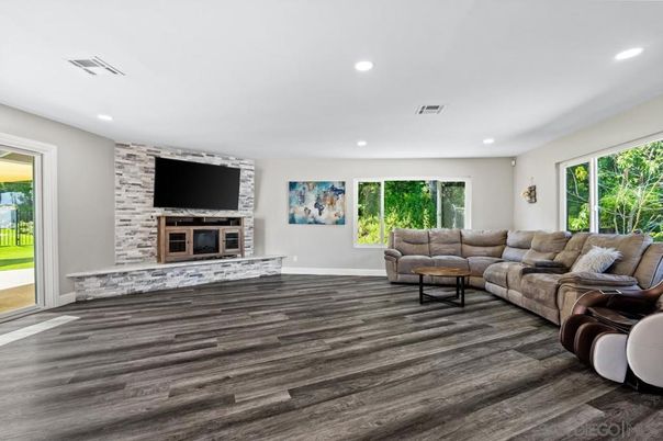 Interior, Living room, Recessed Lighting, Stone Walls, Wood Texture Flooring