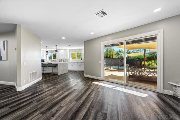 Interior, Kitchen, Marble Walls, Pendant Lights, Recessed Lighting, Wood Texture Flooring