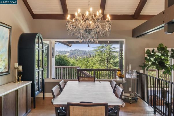 Chandelier, Dining room, Interior, Wooden Beams, Wood Texture Flooring