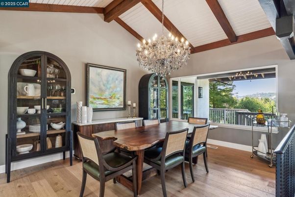 Chandelier, Dining room, Interior, Wooden Beams, Wood Texture Flooring