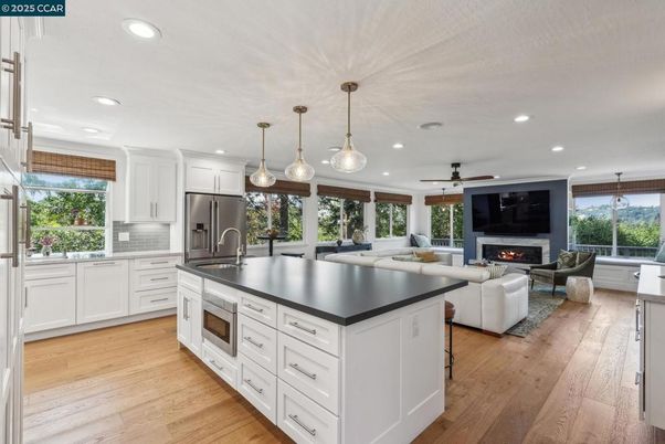 Fireplace, Interior, Kitchen, Living room, Pendant Lights, Recessed Lighting, Stainless Steel Appliances, Wood Texture Flooring