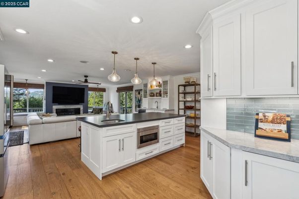 Fireplace, Interior, Kitchen, Living room, Pendant Lights, Recessed Lighting, Wood Texture Flooring