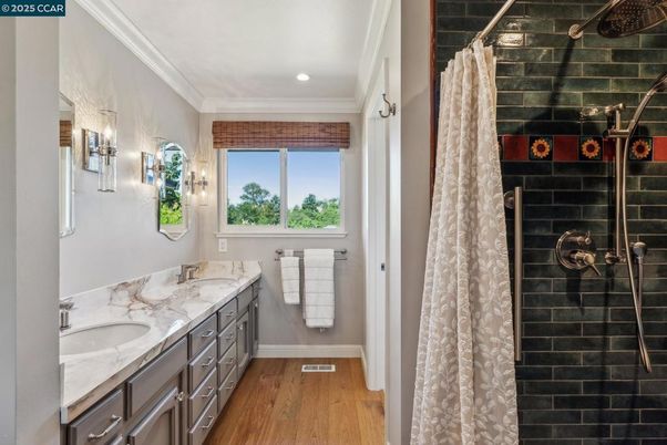 Bathroom, Dual Sink Vanities, Interior, Recessed Lighting, Wood Texture Flooring