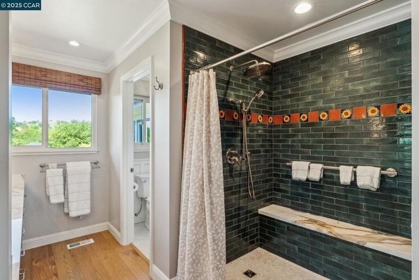 Bathroom, Glass Shower, Interior, Recessed Lighting, Wood Texture Flooring