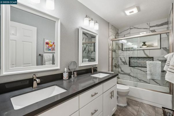 Bathroom, Dual Sink Vanities, Glass Shower, Interior, Marble Walls