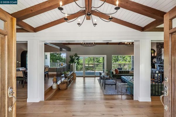 Chandelier, Interior, Living room, Wooden Beams, Wood Texture Flooring