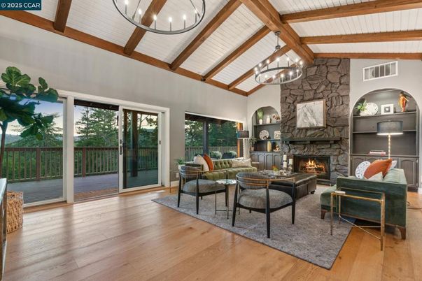 Fireplace, Interior, Living room, Pendant Lights, Stone Walls, Wooden Beams, Wood Texture Flooring
