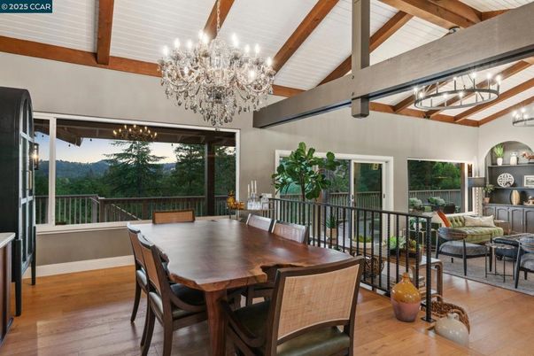 Chandelier, Dining room, Interior, Wooden Beams, Wood Texture Flooring
