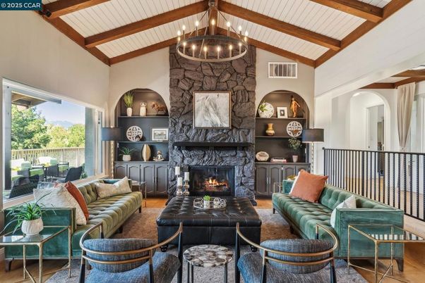 Fireplace, Interior, Living room, Stone Walls, Wooden Beams, Wood Texture Flooring