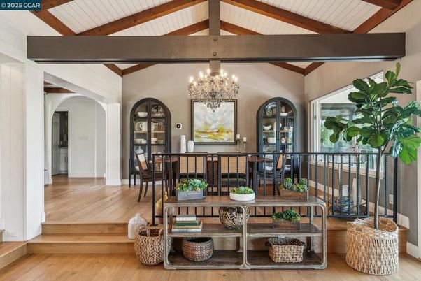 Chandelier, Dining room, Interior, Wooden Beams, Wood Texture Flooring