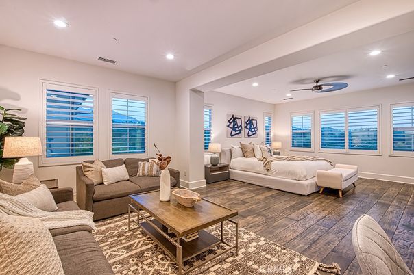 Bedroom, Interior, Living room, Recessed Lighting, Water, Wood Texture Flooring