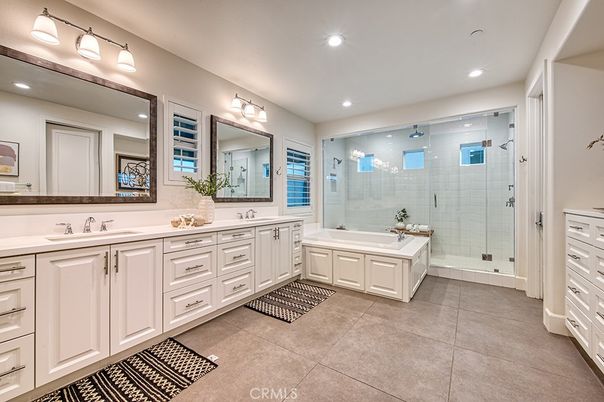 Bathroom, Dual Sink Vanities, Glass Shower, Interior, Recessed Lighting
