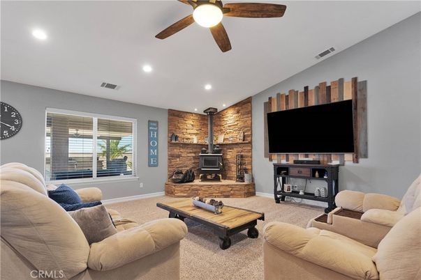 Fireplace, Interior, Living room, Recessed Lighting, Wooden Walls
