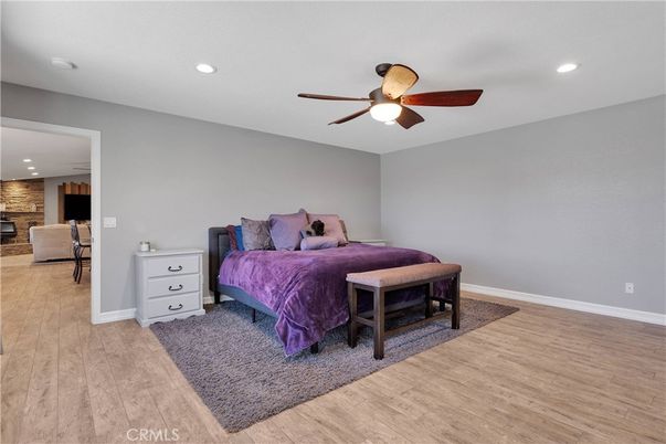 Bedroom, Interior, Recessed Lighting, Stone Walls, Wood Texture Flooring