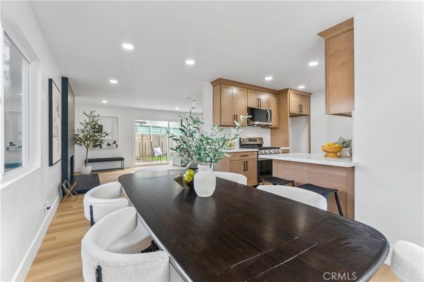 Dining room, Interior, Kitchen, Recessed Lighting, Stainless Steel Appliances, Wood Texture Flooring