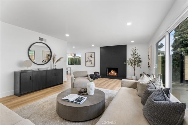 Fireplace, Interior, Living room, Recessed Lighting, Wood Texture Flooring