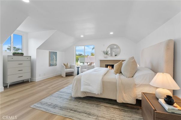 Bedroom, Fireplace, Interior, Recessed Lighting, Wood Texture Flooring