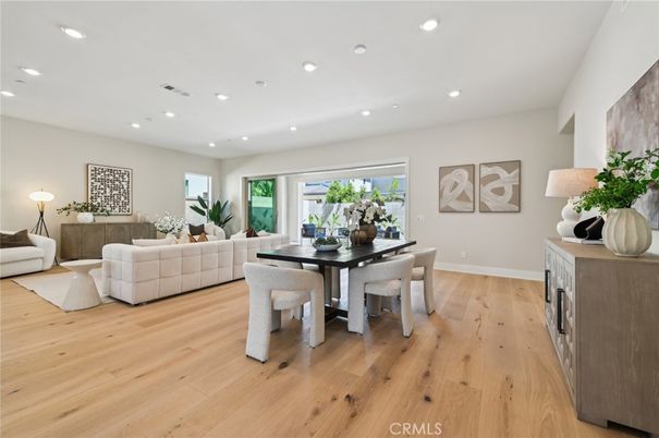 Dining room, Interior, Living room, Recessed Lighting, Wood Texture Flooring