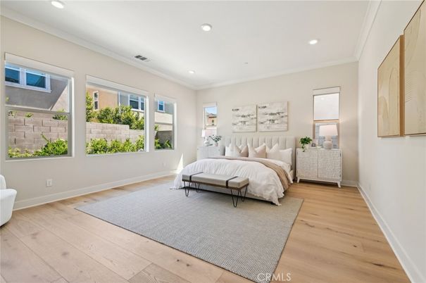 Bedroom, Interior, Recessed Lighting, Wood Texture Flooring