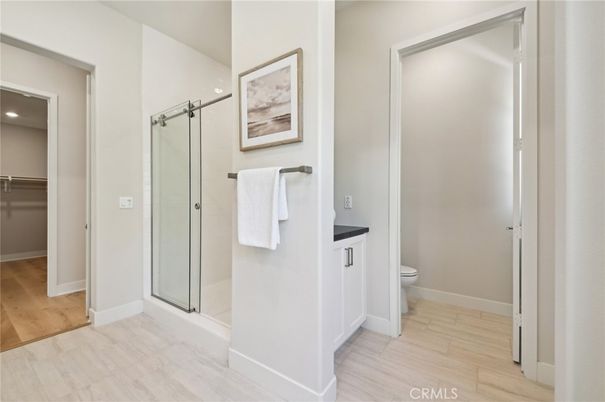 Bathroom, Glass Shower, Interior, Recessed Lighting, Wood Texture Flooring