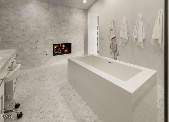 Bathroom, Fireplace, Interior, Recessed Lighting, Stone Walls
