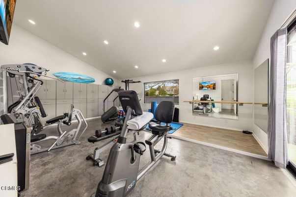 Fitness Equipment, Gym, Interior, Recessed Lighting, Wood Texture Flooring