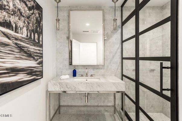 Bathroom, Glass Shower, Interior, Recessed Lighting, Stone Walls