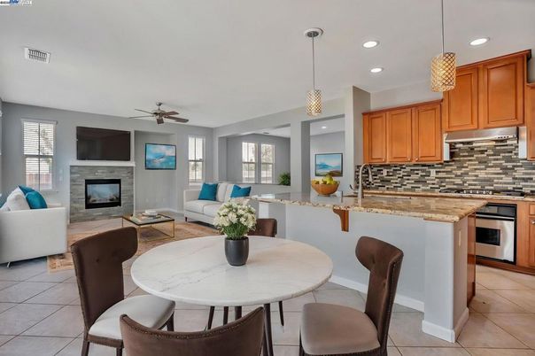 Dining room, Fireplace, Interior, Kitchen, Living room, Pendant Lights, Recessed Lighting, Stainless Steel Appliances