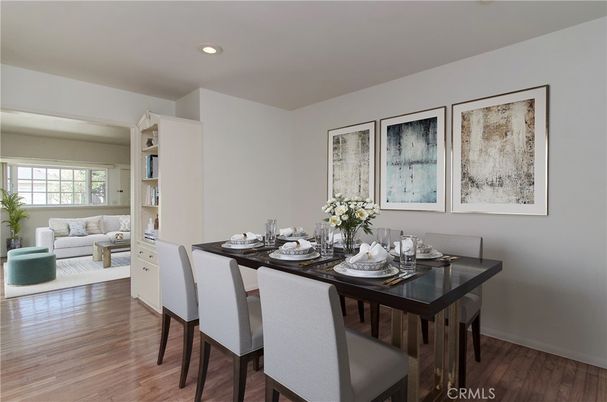 Dining room, Interior, Living room, Recessed Lighting, Wood Texture Flooring