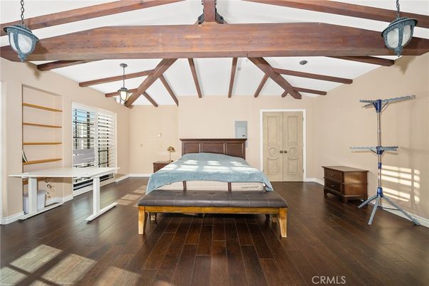 Bedroom, Interior, Pendant Lights, Wooden Beams, Wood Texture Flooring