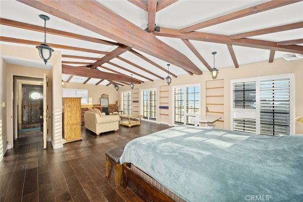 Bedroom, Interior, Pendant Lights, Wooden Beams, Wood Texture Flooring