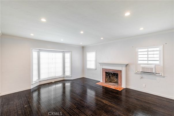 Empty room, Fireplace, Interior, Recessed Lighting, Wood Texture Flooring