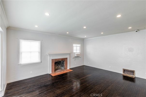 Empty room, Fireplace, Interior, Recessed Lighting, Wood Texture Flooring