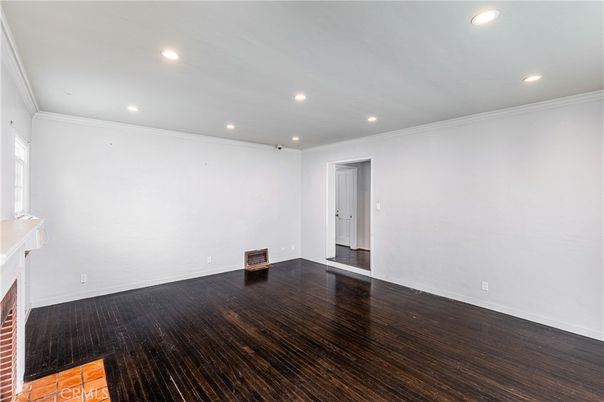 Empty room, Fireplace, Interior, Recessed Lighting, Wood Texture Flooring