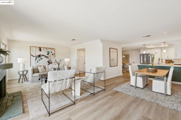 Dining room, Interior, Kitchen, Living room, Pendant Lights, Stainless Steel Appliances, Wood Texture Flooring