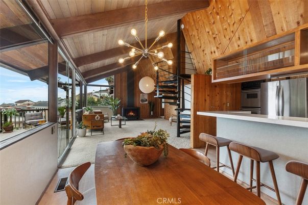 Dining room, Fireplace, Interior, Kitchen, Living room, Pendant Lights, Stainless Steel Appliances, Wooden Beams, Wooden Ceilings
