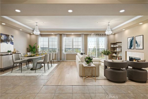 Chandelier, Dining room, Fireplace, Interior, Living room, Recessed Lighting, Wood Texture Flooring
