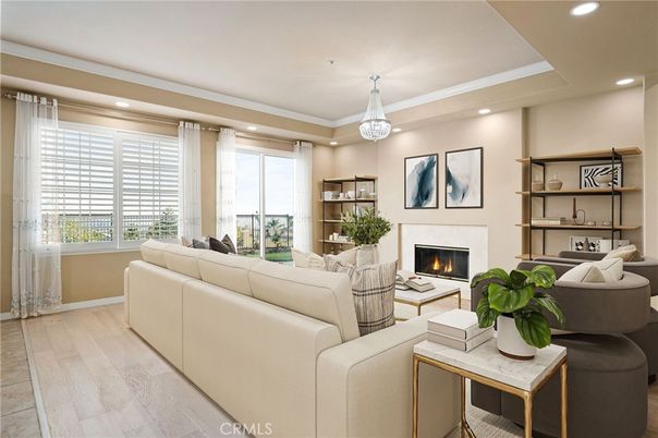 Chandelier, Fireplace, Interior, Living room, Recessed Lighting, Wood Texture Flooring