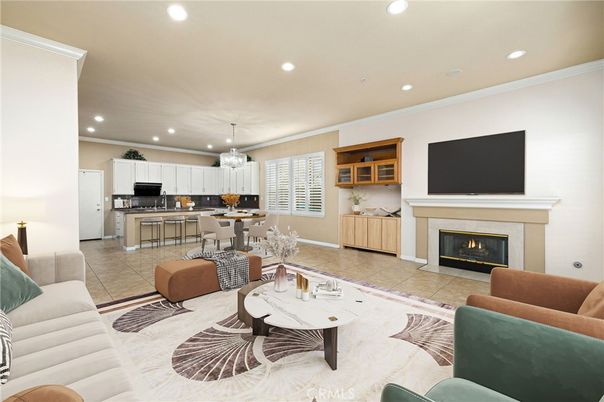 Dining room, Fireplace, Interior, Kitchen, Living room, Pendant Lights, Recessed Lighting, Stainless Steel Appliances