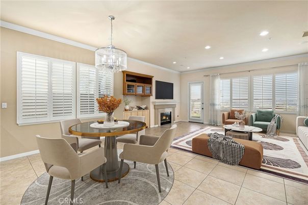 Chandelier, Dining room, Fireplace, Interior, Living room, Recessed Lighting