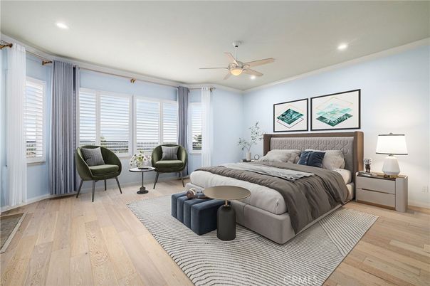Bedroom, Interior, Recessed Lighting, Wood Texture Flooring