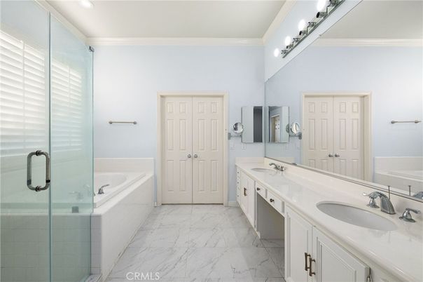 Bathroom, Dual Sink Vanities, Glass Shower, Interior, Marble, Recessed Lighting