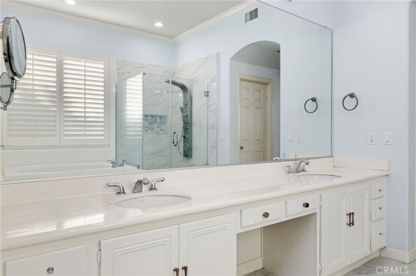 Bathroom, Dual Sink Vanities, Interior, Marble, Marble Walls, Recessed Lighting