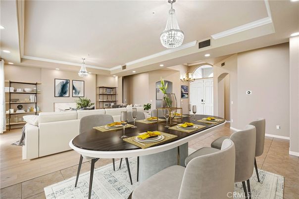 Chandelier, Dining room, Interior, Living room, Pendant Lights, Recessed Lighting, Wood Texture Flooring
