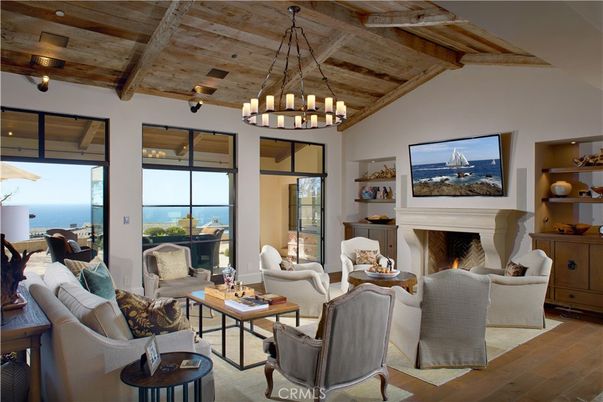Chandelier, Fireplace, Interior, Living room, Water, Wooden Beams, Wooden Ceilings, Wood Texture Flooring